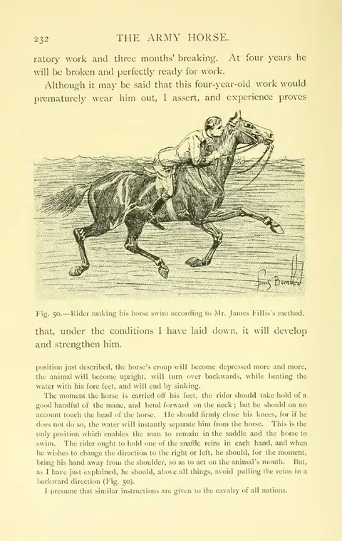 Fig. 50.—Rider making his horse swim according to Mr. James Fillis's method.
