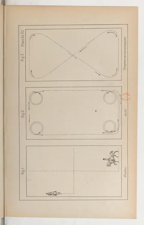 Planche XII Fig. 1. Doubler. Fig. 2. Volte. Fig. 3. Changement de main en diagonale.